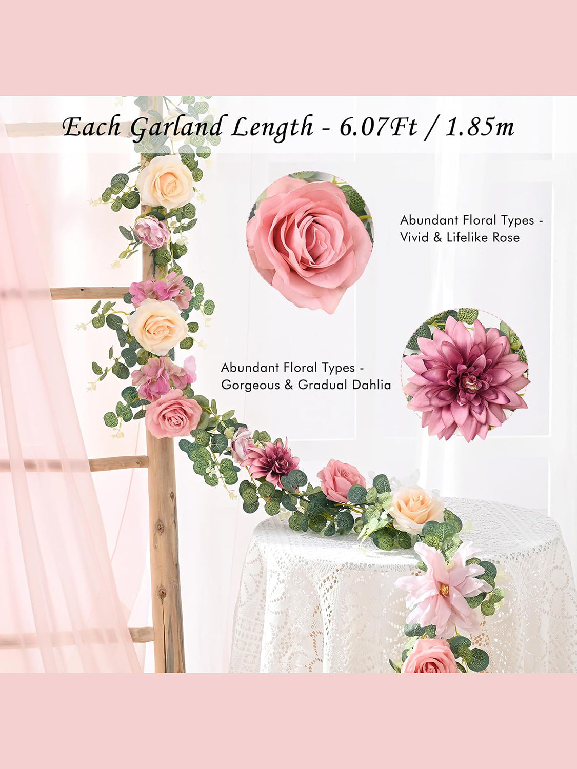 Wedding Flower Garland Table Runner Pink 6.07 Ft Roses And Eucalyptus