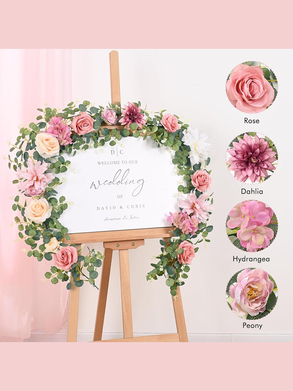 Wedding Flower Garland Table Runner Pink 6.07 Ft Roses And Eucalyptus