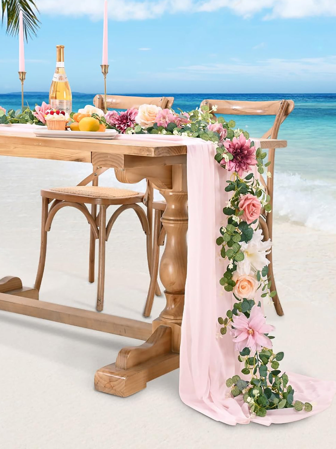 Wedding Flower Garland Table Runner Pink 6.07 Ft Roses And Eucalyptus