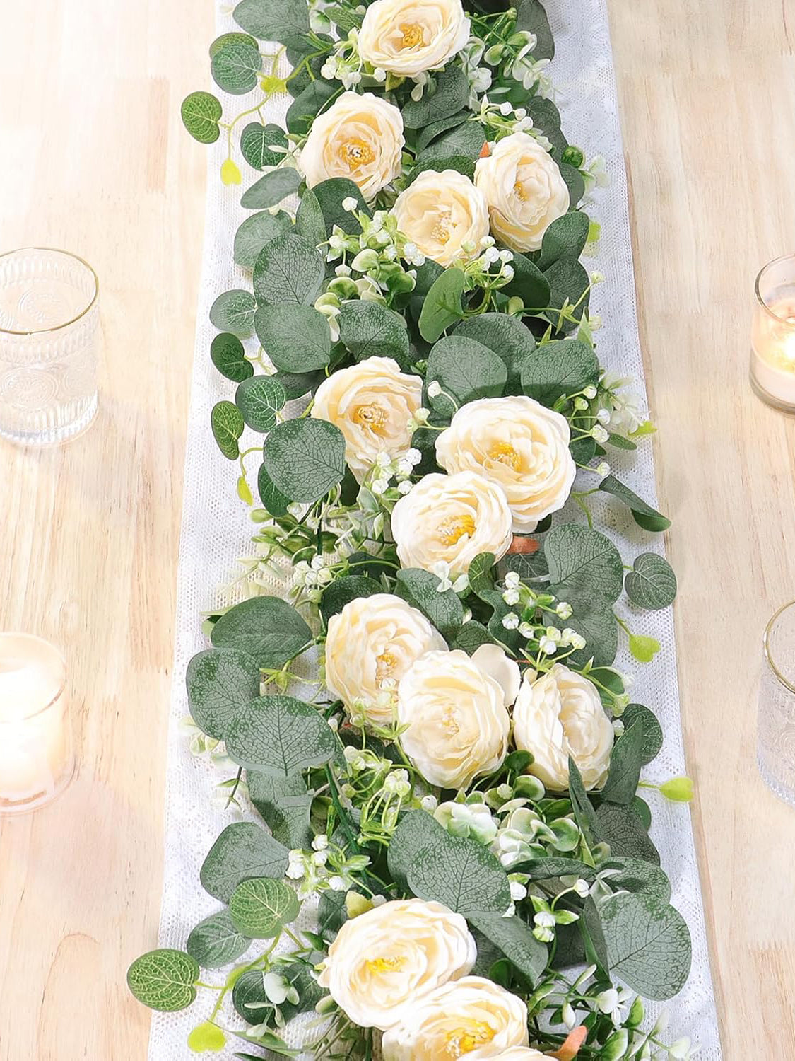 Champagne Roses Eucalyptus Garland 12 Ft 2 Pack Wedding Centerpiece