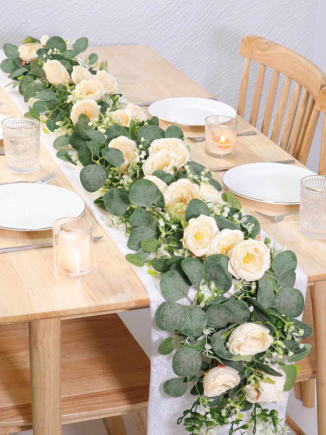Champagne Roses Eucalyptus Garland 12 Ft 2 Pack Wedding Centerpiece