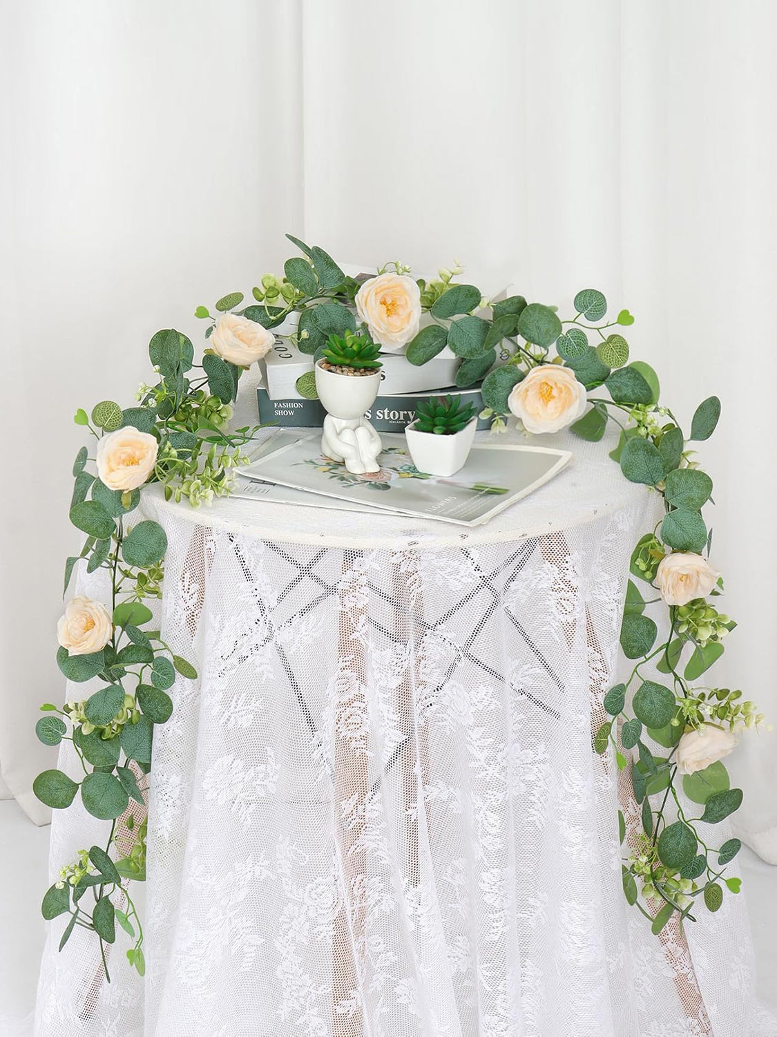 Champagne Roses Eucalyptus Garland 12 Ft 2 Pack Wedding Centerpiece