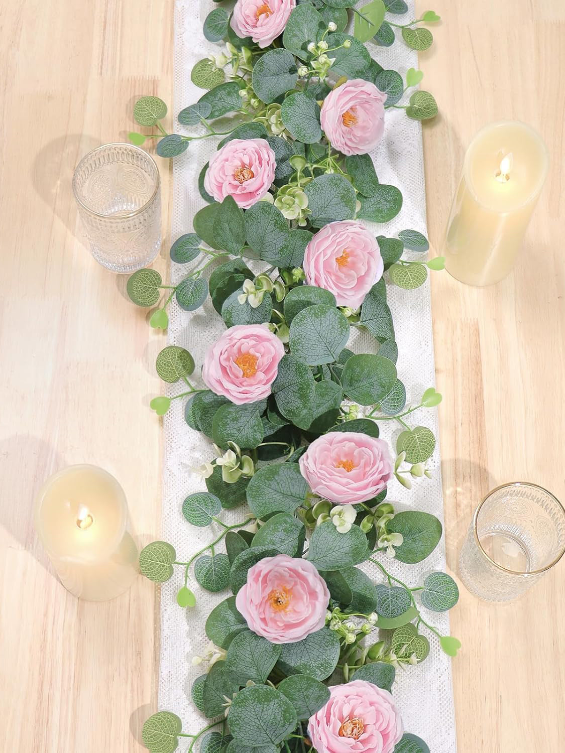 Artificial Eucalyptus Garland With Pink Camellia Wedding Runner Decor 13ft 2 Pack