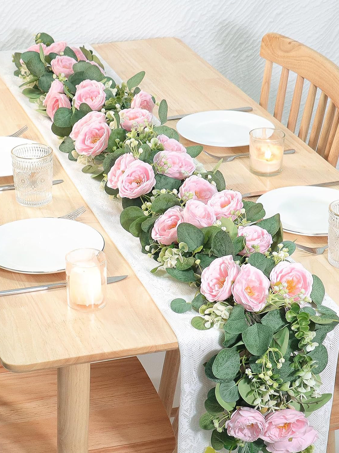 Artificial Eucalyptus Garland With Pink Camellia Wedding Runner Decor 13ft 2 Pack