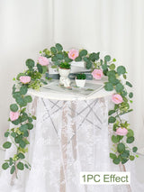 Artificial Eucalyptus Garland With Pink Camellia Wedding Runner Decor 13ft 2 Pack