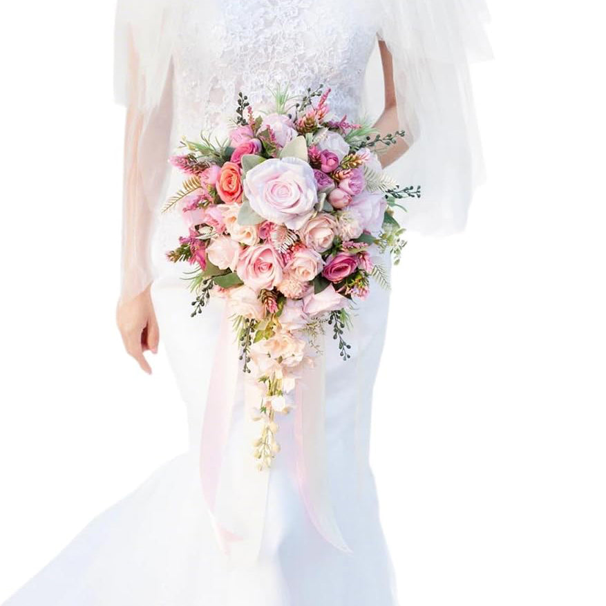 Silk Cascading Bridal Bouquet 12Inch Fuchsia Pink Artificial Flowers