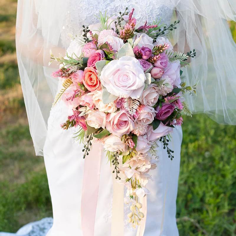 Silk Cascading Bridal Bouquet 12Inch Fuchsia Pink Artificial Flowers