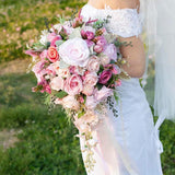 Silk Cascading Bridal Bouquet 12Inch Fuchsia Pink Artificial Flowers