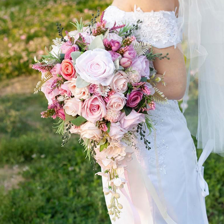Silk Cascading Bridal Bouquet 12Inch Fuchsia Pink Artificial Flowers