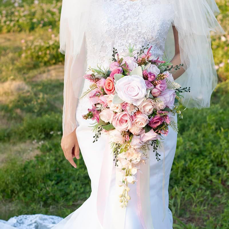 Silk Cascading Bridal Bouquet 12Inch Fuchsia Pink Artificial Flowers