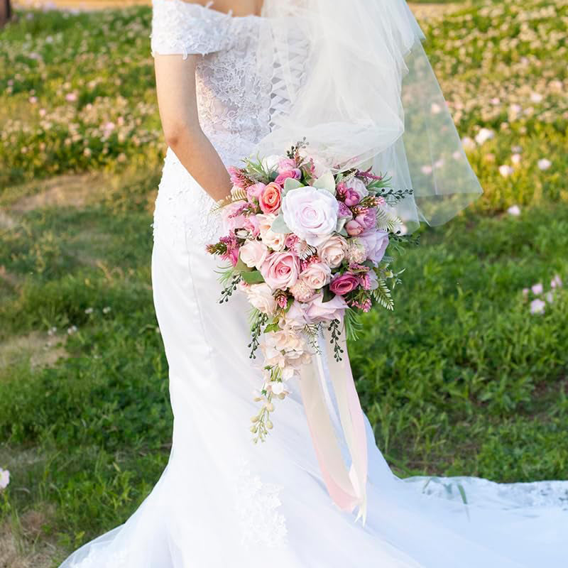 Silk Cascading Bridal Bouquet 12Inch Fuchsia Pink Artificial Flowers