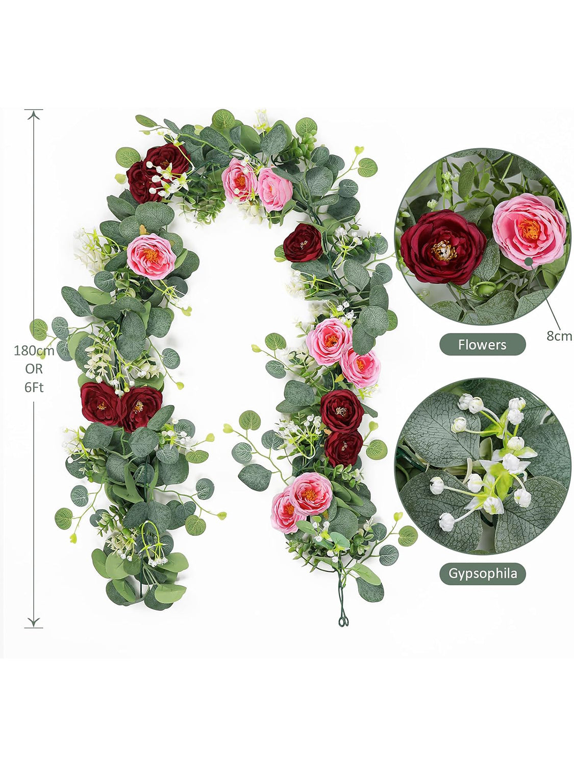 2 Pack 13Ft Red Pink Artificial Eucalyptus Rose Garland For Wedding Centerpieces