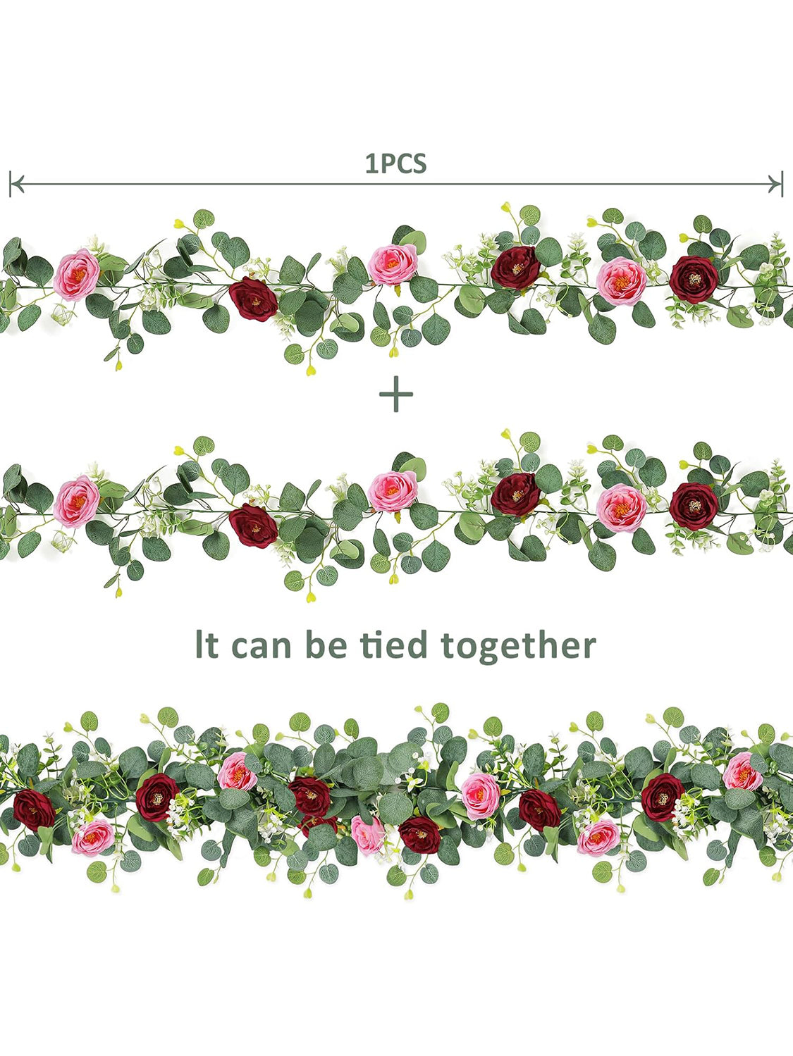 2 Pack 13Ft Red Pink Artificial Eucalyptus Rose Garland For Wedding Centerpieces