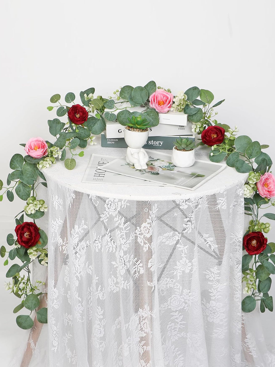 2 Pack 13Ft Red Pink Artificial Eucalyptus Rose Garland For Wedding Centerpieces