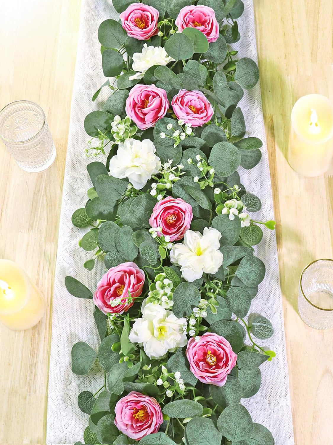 White Pink Artificial Eucalyptus Rose Wedding Runner Centerpiece 2 Pack 13 Ft
