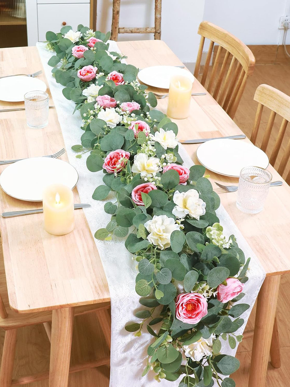 White Pink Artificial Eucalyptus Rose Wedding Runner Centerpiece 2 Pack 13 Ft