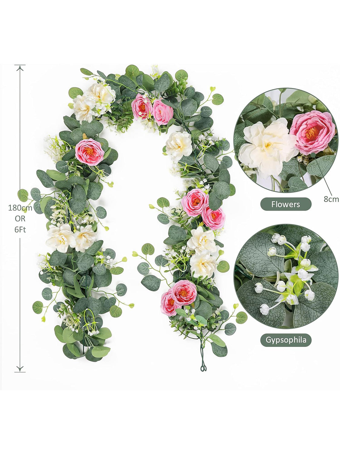 White Pink Artificial Eucalyptus Rose Wedding Runner Centerpiece 2 Pack 13 Ft