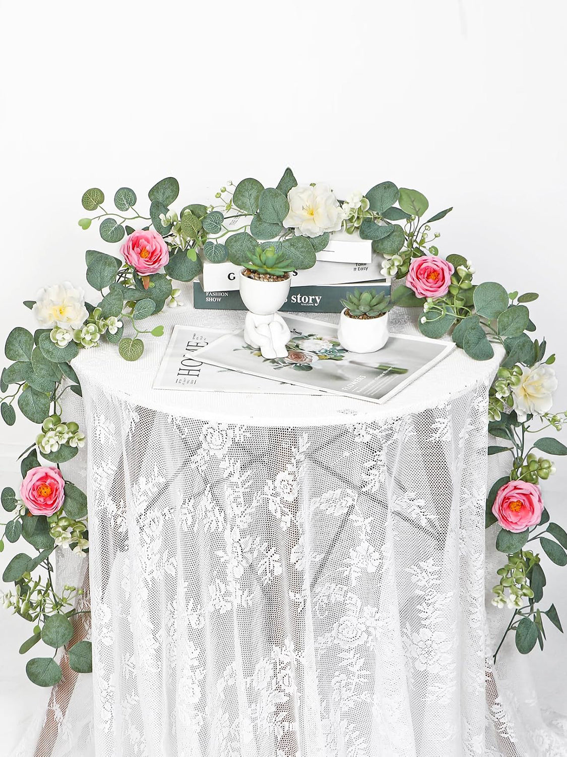 White Pink Artificial Eucalyptus Rose Wedding Runner Centerpiece 2 Pack 13 Ft