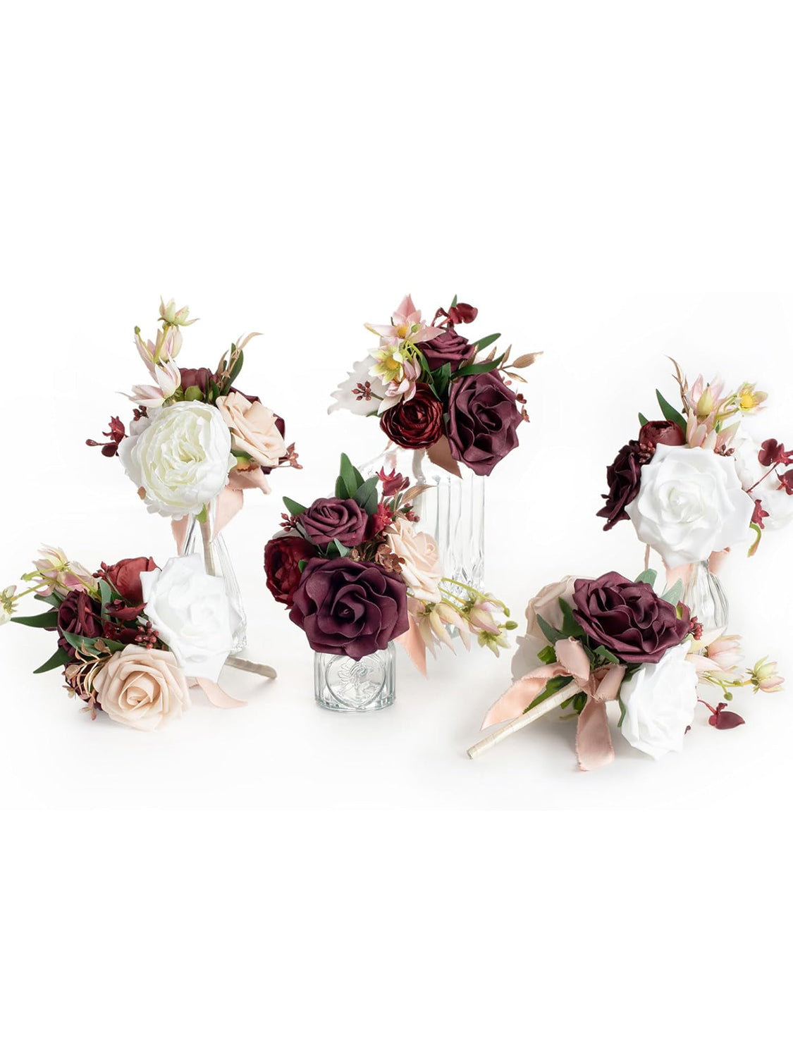Marsala & White Flowers Mini Bridesmaid Bouquets Set of 6 Centerpieces