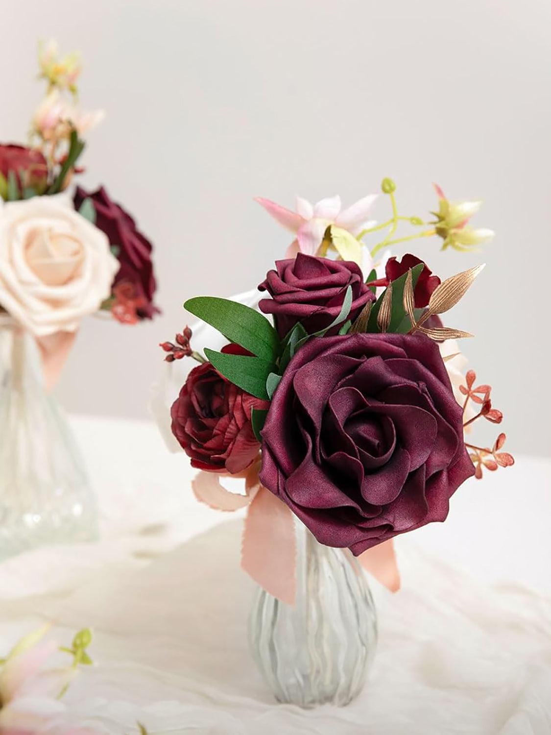 Marsala & White Flowers Mini Bridesmaid Bouquets Set of 6 Centerpieces