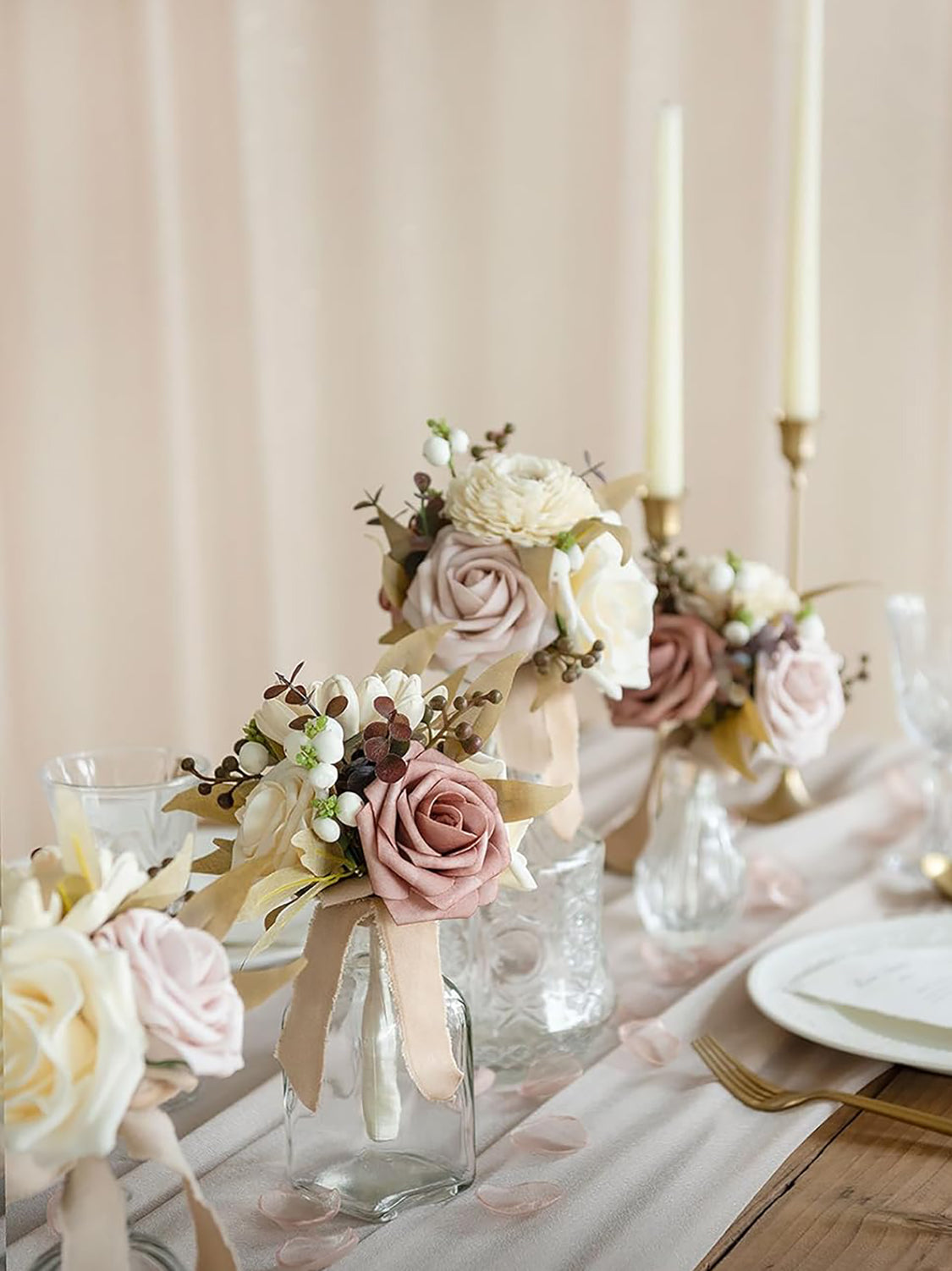 Ivory Dusty Rose Boho Wedding Table Centerpieces 6 Piece Bridesmaid Bouquets
