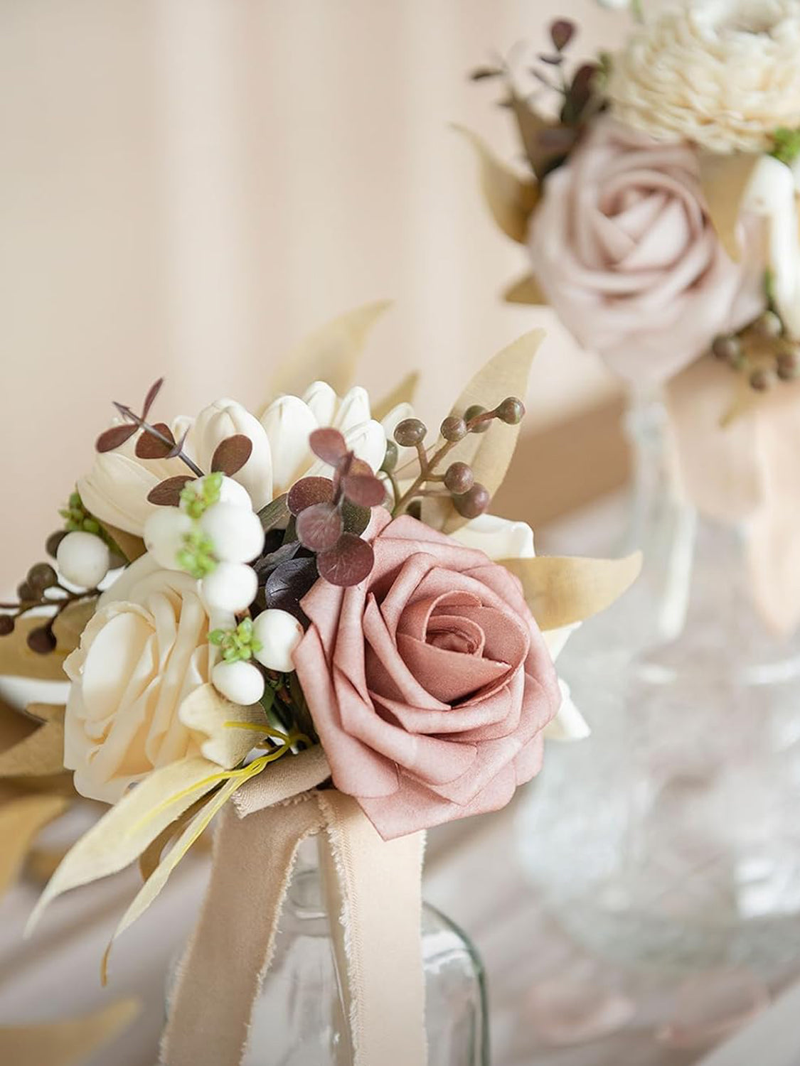 Ivory Dusty Rose Boho Wedding Table Centerpieces 6 Piece Bridesmaid Bouquets