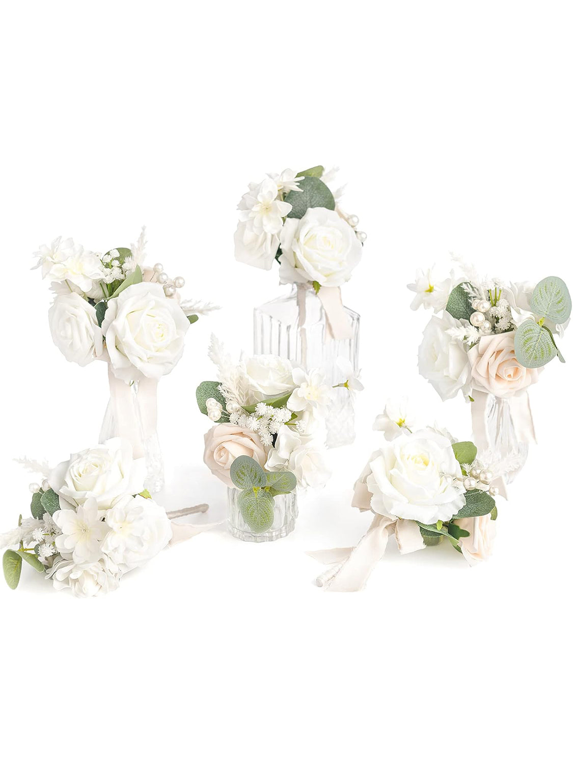 White Wedding Mini Bridesmaid Bouquets Set of 6 Centerpieces
