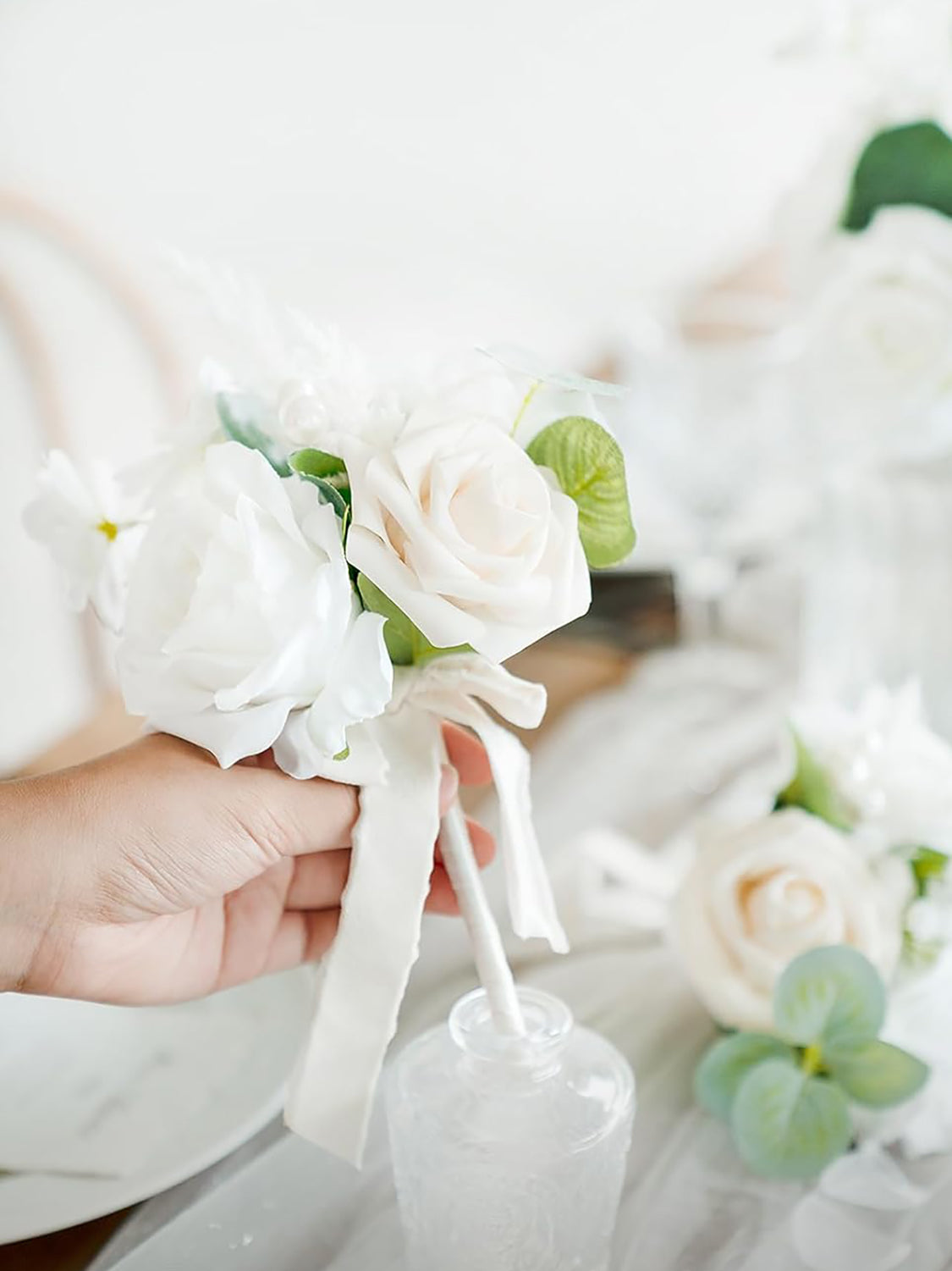 White Wedding Mini Bridesmaid Bouquets Set of 6 Centerpieces
