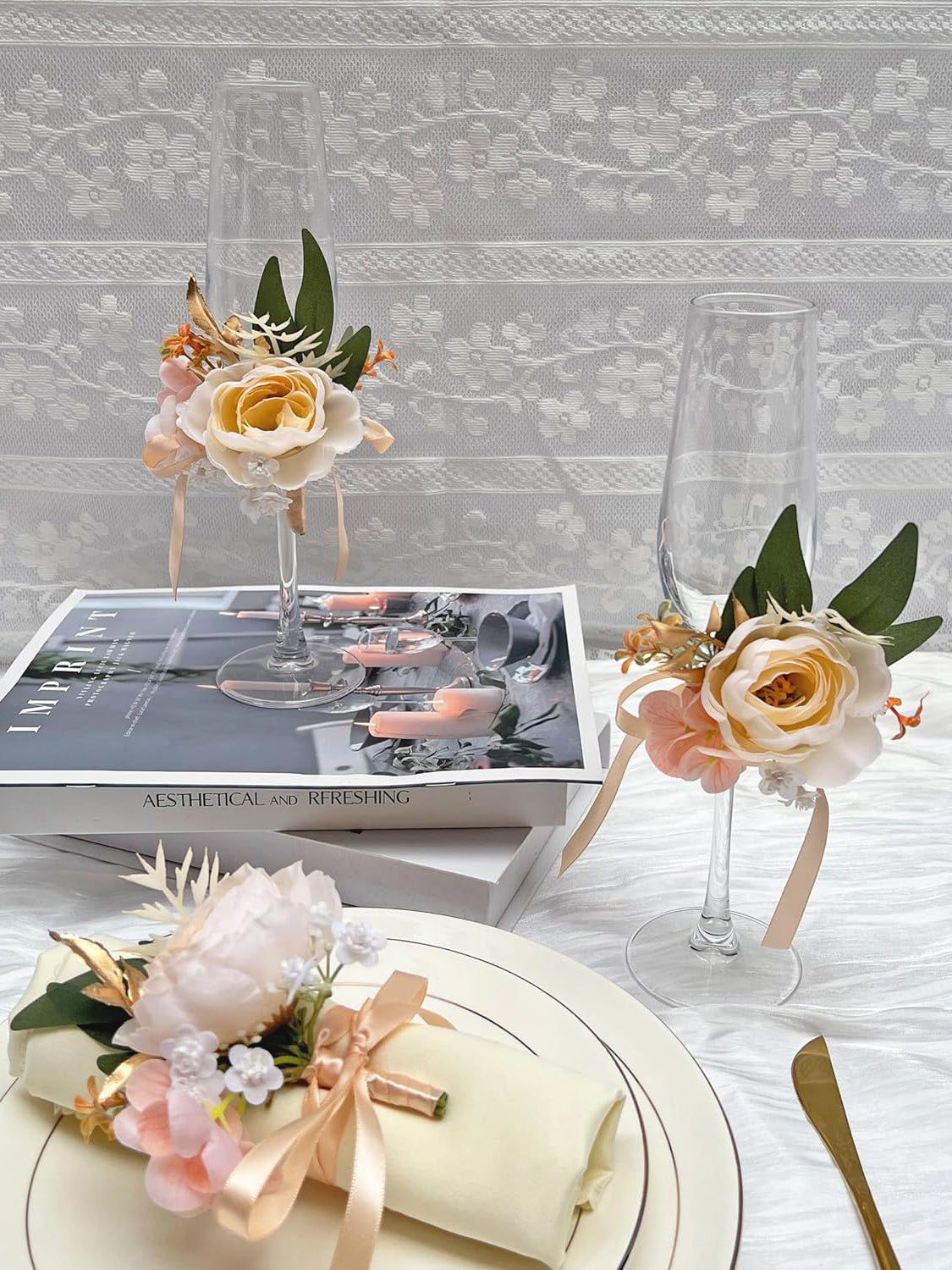 Champagne Wedding Centerpieces Artificial Wine Cup Flower Set 6Pcs Wedding Decor
