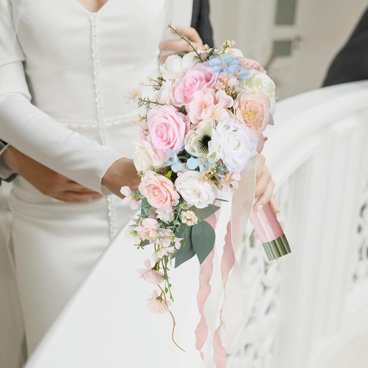 Silk Cascading Bridal Bouquet 10 Inch Blush Pink Light Pink