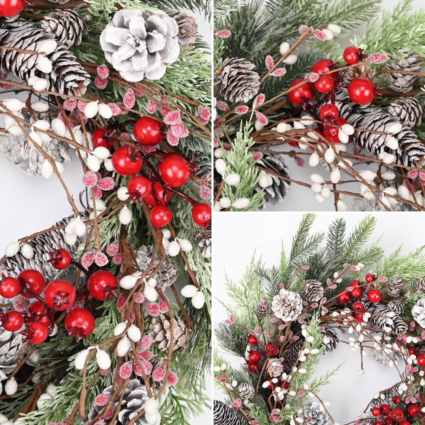 Christmas Wreath for Front Door, 24 inch Winter Wreaths with Natural Pine Cones, Red Berries,Spruce Branches