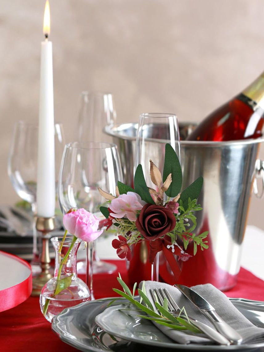 Wine Red Artificial Wine Cup Flower Set For Wedding Centerpieces 6Pcs