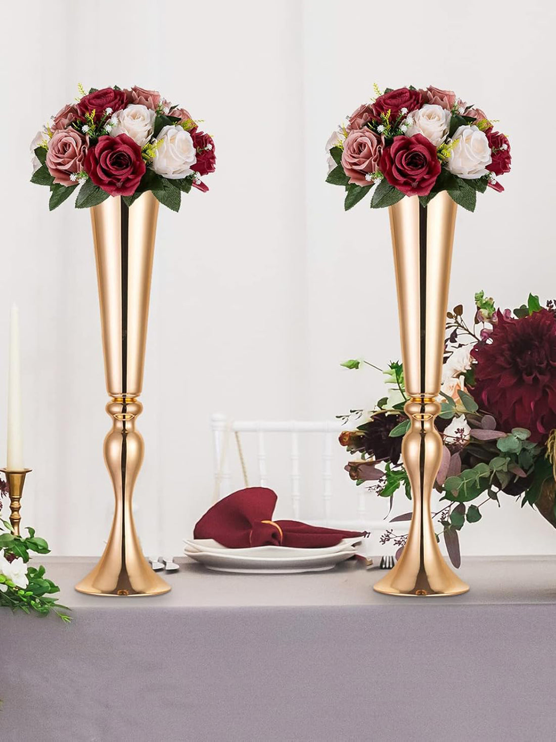 Burgundy Dusty Rose Creamy White 9.5in Centrepieces Table Decor 2 Pcs