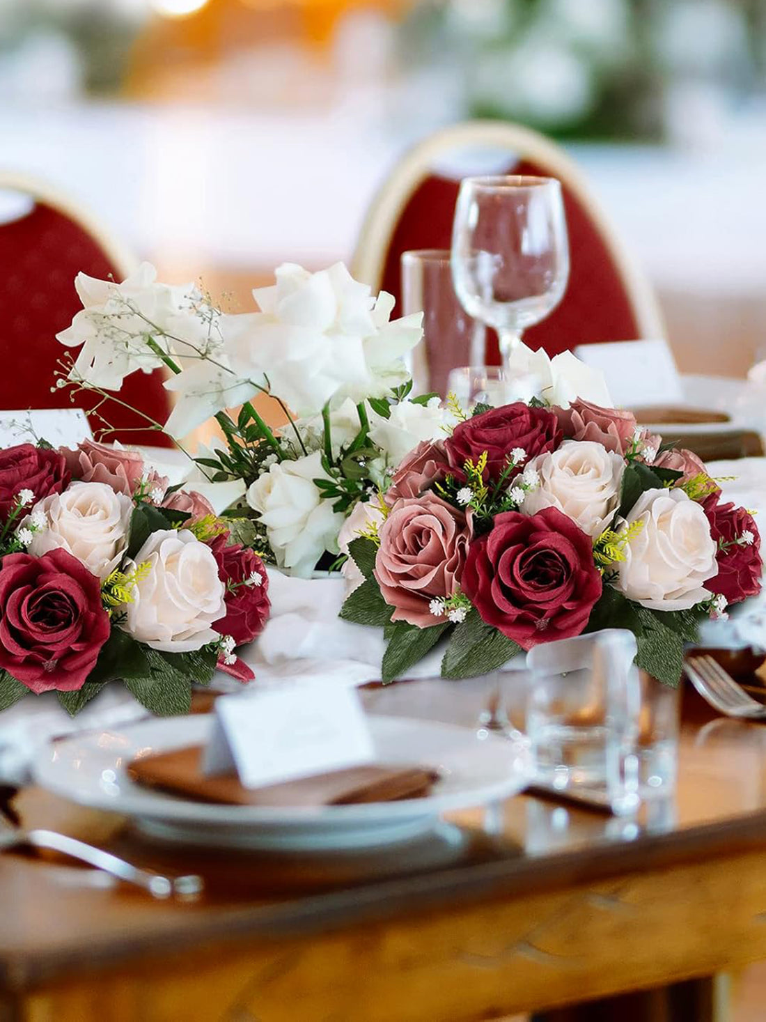 Burgundy Dusty Rose Creamy White 9.5in Centrepieces Table Decor 2 Pcs