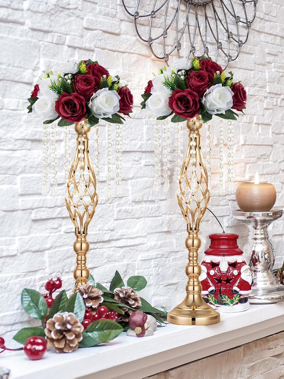 Burgundy White Artificial Rose Ball Centerpiece 9.5in 2 Pcs