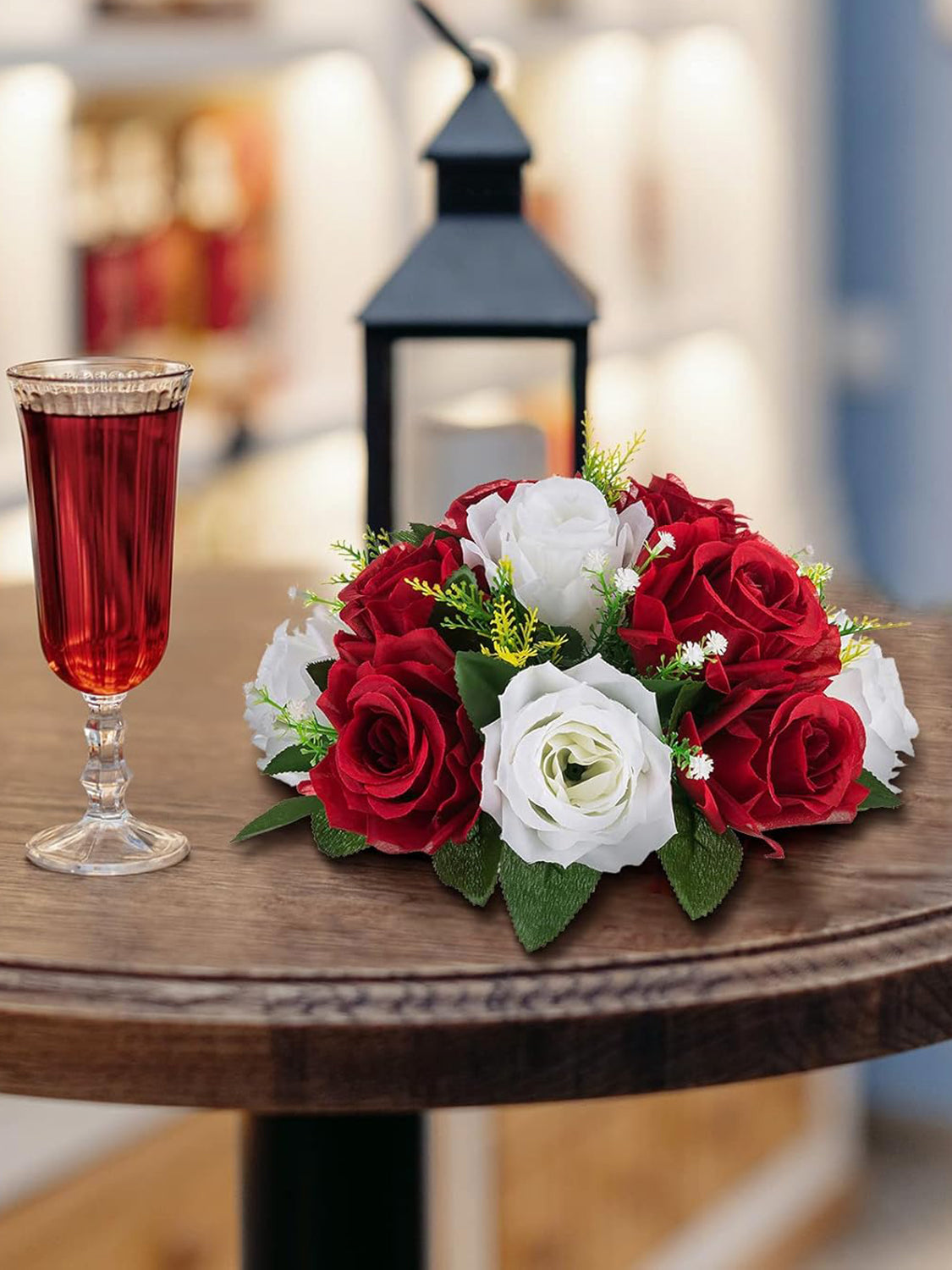Crimson & White Wedding Table Centerpieces Artificial Rose Balls 9.5in 2 Pcs