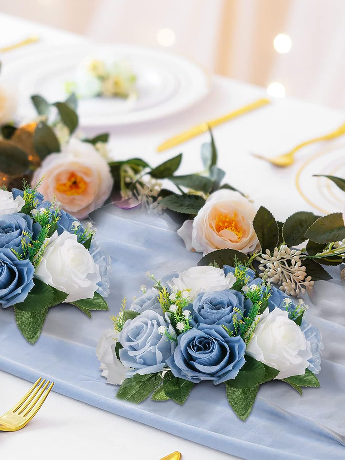 Dusty Blue And White Fake Flower Ball Centerpieces For Weddings 9.5 Inch 2 Pcs