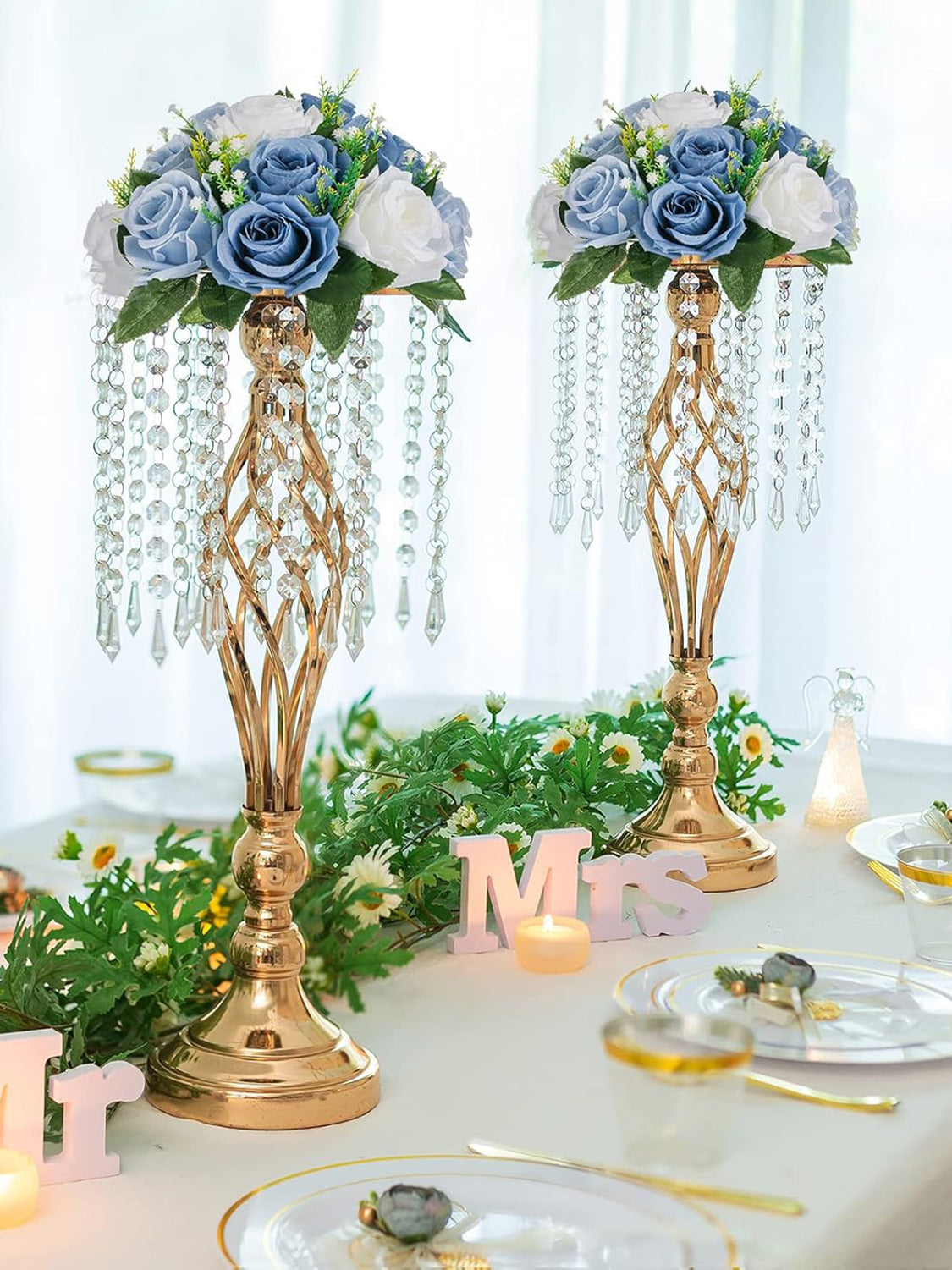 Dusty Blue And White Fake Flower Ball Centerpieces For Weddings 9.5 Inch 2 Pcs