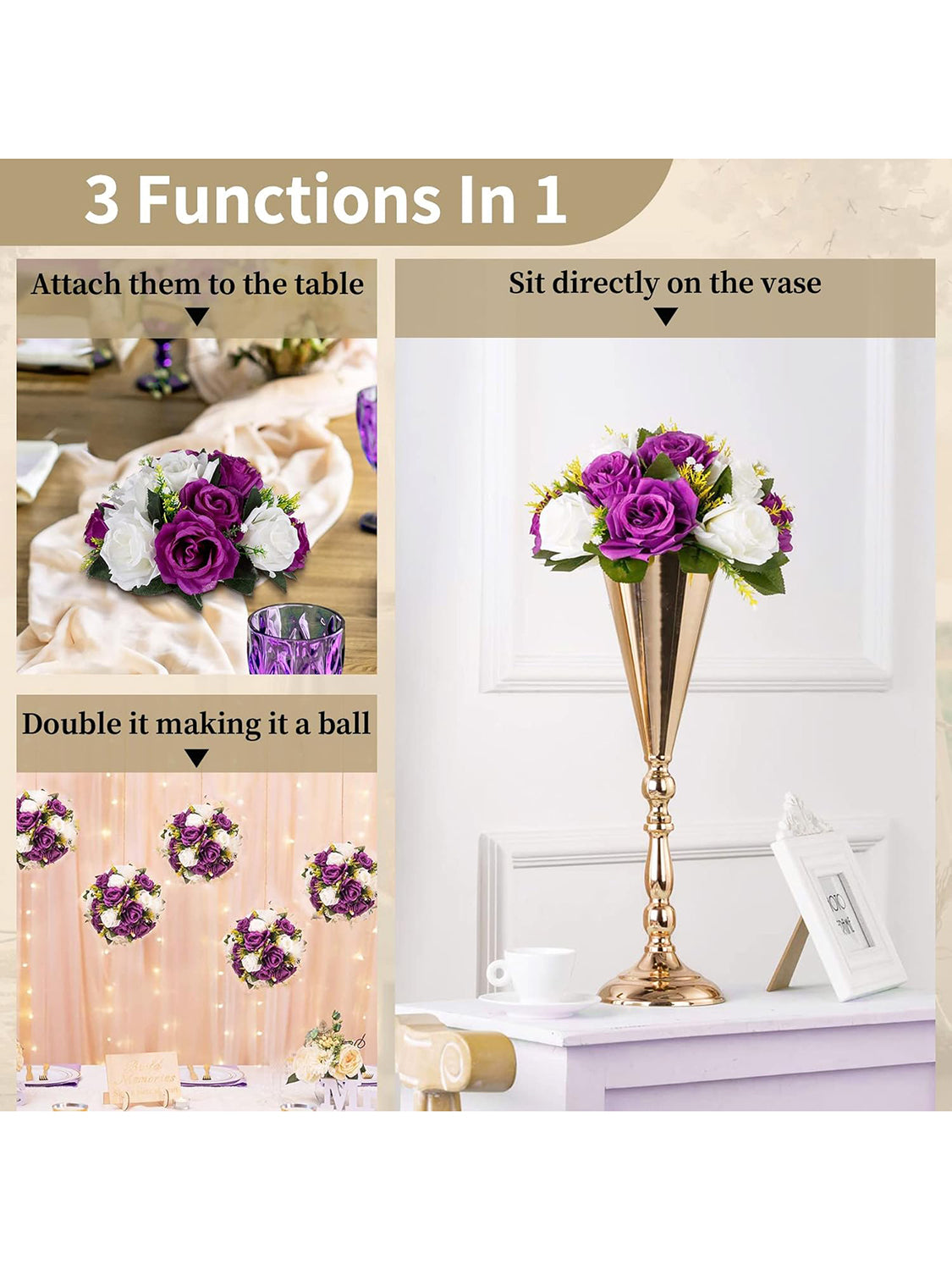 Artificial Flower Ball Arrangement 6 Pack Wedding Centerpiece Purple And White
