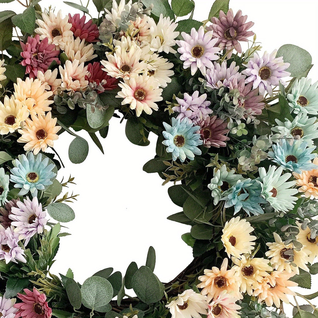 24 Inch Summer Front Door Wreath Artificial Cosmos Daisy Flower Wreath Colorful Blossom Foliage Wreath