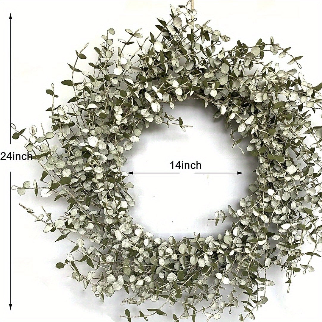 24 Inch Mini Eucalyptus Foliage Wreath with EVA Washed White Leaves and Green Twigs Grapevine Farmhouse Wreath for All Season