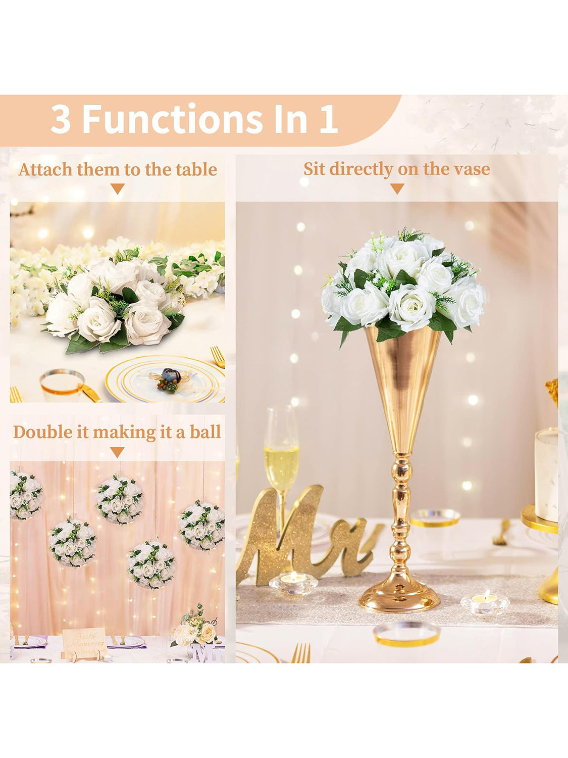 White Flower Wedding Centerpieces 2 Pcs Artificial Ball Arrangements 9.5 Inch