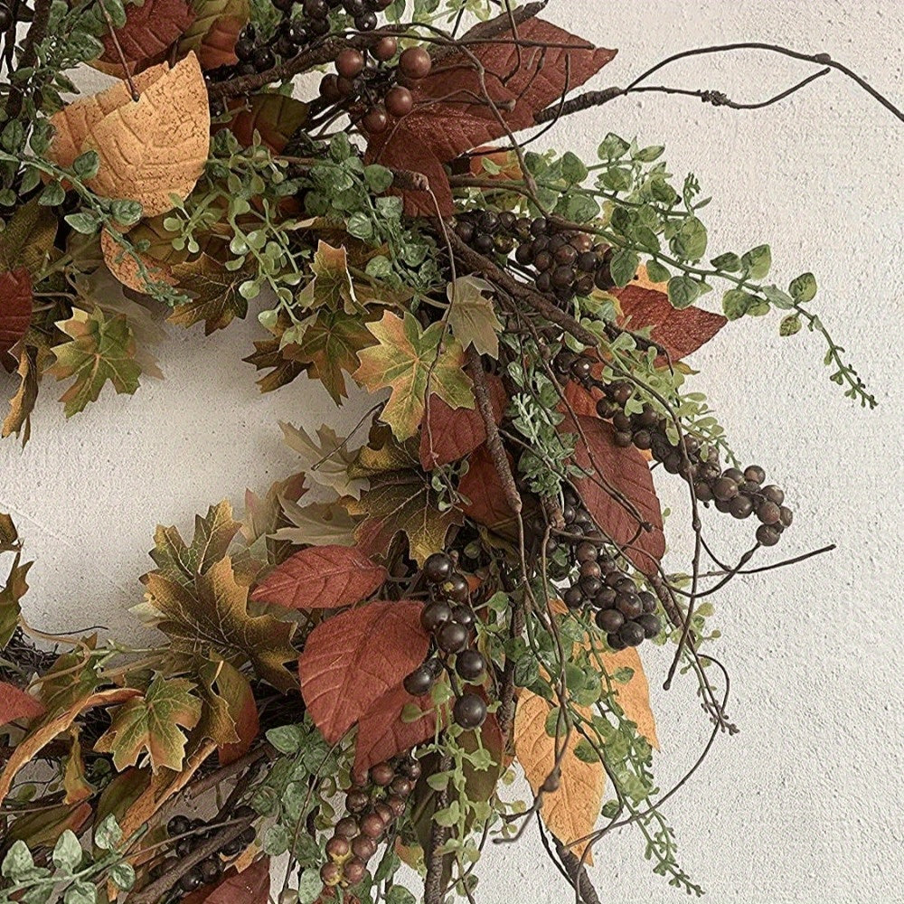24 Inch Fall Front Door Wreath Burgundy Berry Wreath with Mixed Magnolia Maple Leaves Large Decor on Farmhouse Grapevine for Christmas Celebration Front Door Wall Window Home Decoration