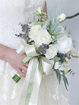Silk White Rose Bridal Bouquet Artificial Wedding Decor Model SWRB01