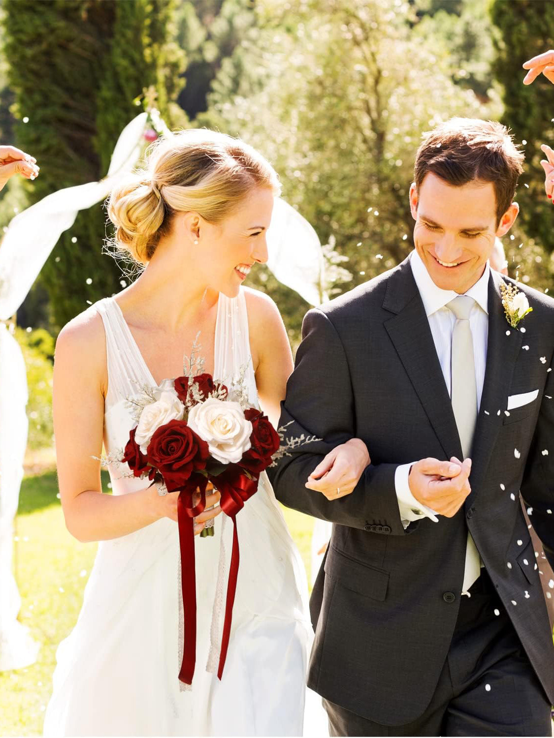 Champagne White Burgundy Bridal Bouquet Hollow Lace Ribbon Handle