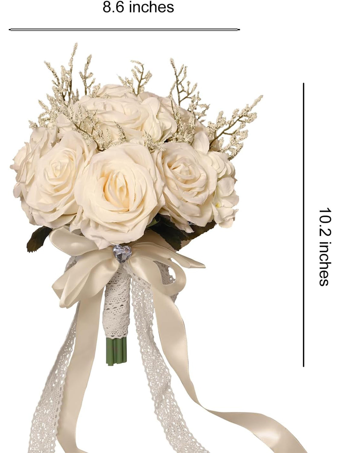 Champagne White Bridal Bouquet Artificial Toss Rose Hollow Lace Ribbon Handle