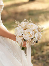 Champagne White Bridal Bouquet Artificial Toss Rose Hollow Lace Ribbon Handle