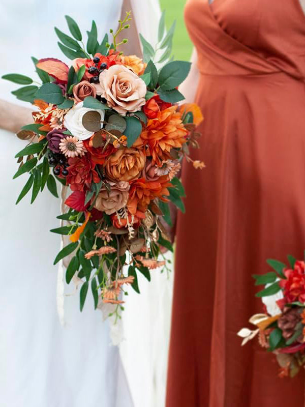 Burnt Bridal Bouquet 11 Inch Rustic Boho Cascading Wedding Bouquet
