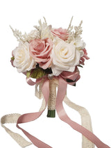 Champagne White Pink Bridal Toss Rose Hollow Lace Ribbon Handle Bouquet