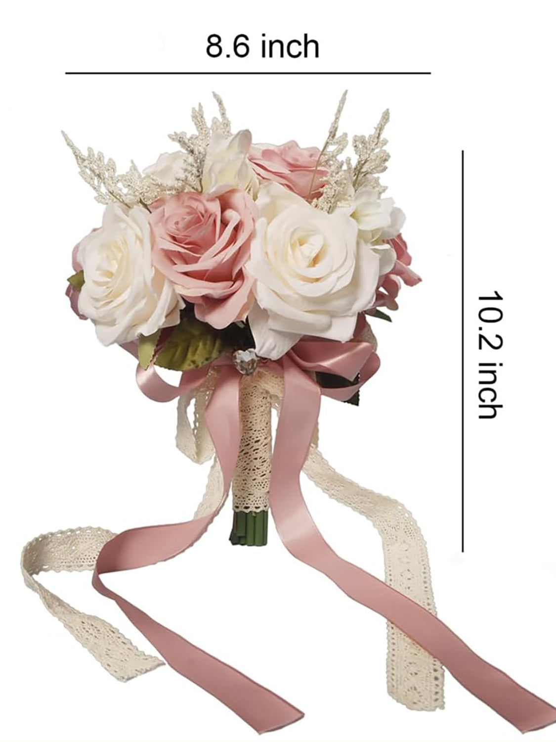 Champagne White Pink Bridal Toss Rose Hollow Lace Ribbon Handle Bouquet